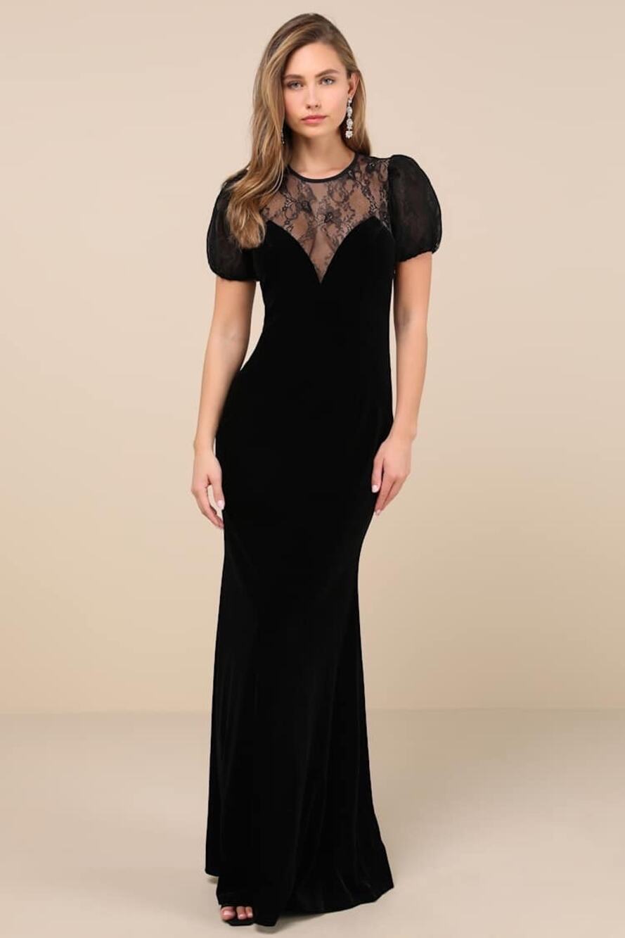 NWT Lulus Alluring Event Black Velvet Lace Puff Sleeve Maxi Dress Banquet Gala L